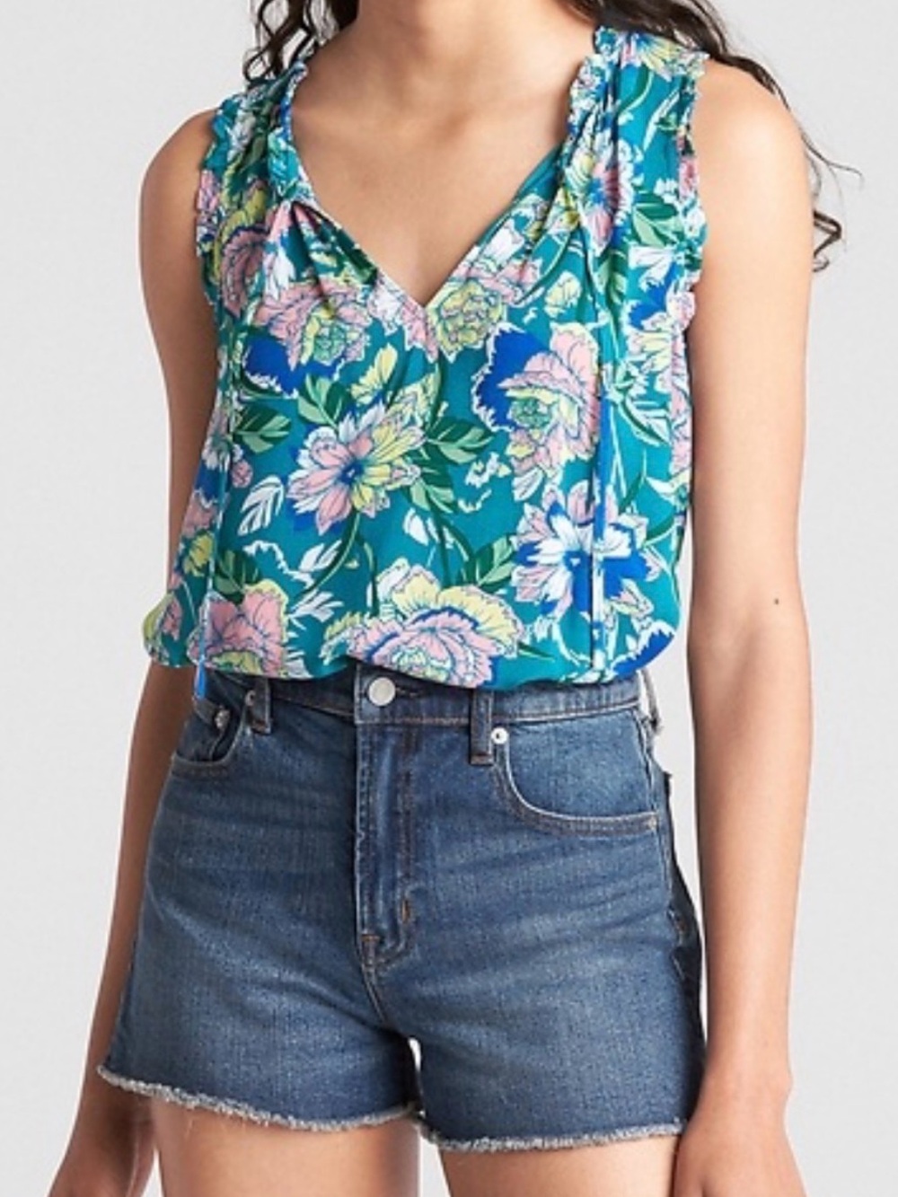 GAP Summer Teal Blue Floral Sleeveless V-Neck Top